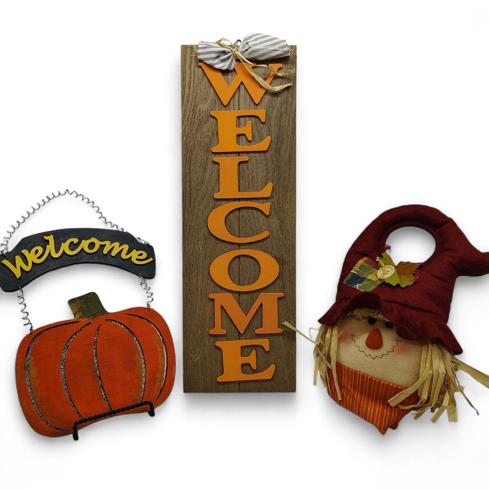 Fall Harvest Decor Set Welcome Sign Pumpkin Scarecrow Rustic Autumn Trio